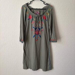 Johnny Was | Women's Green Embroidered Boho Floral 3/4 Sleeve Dress Size Small